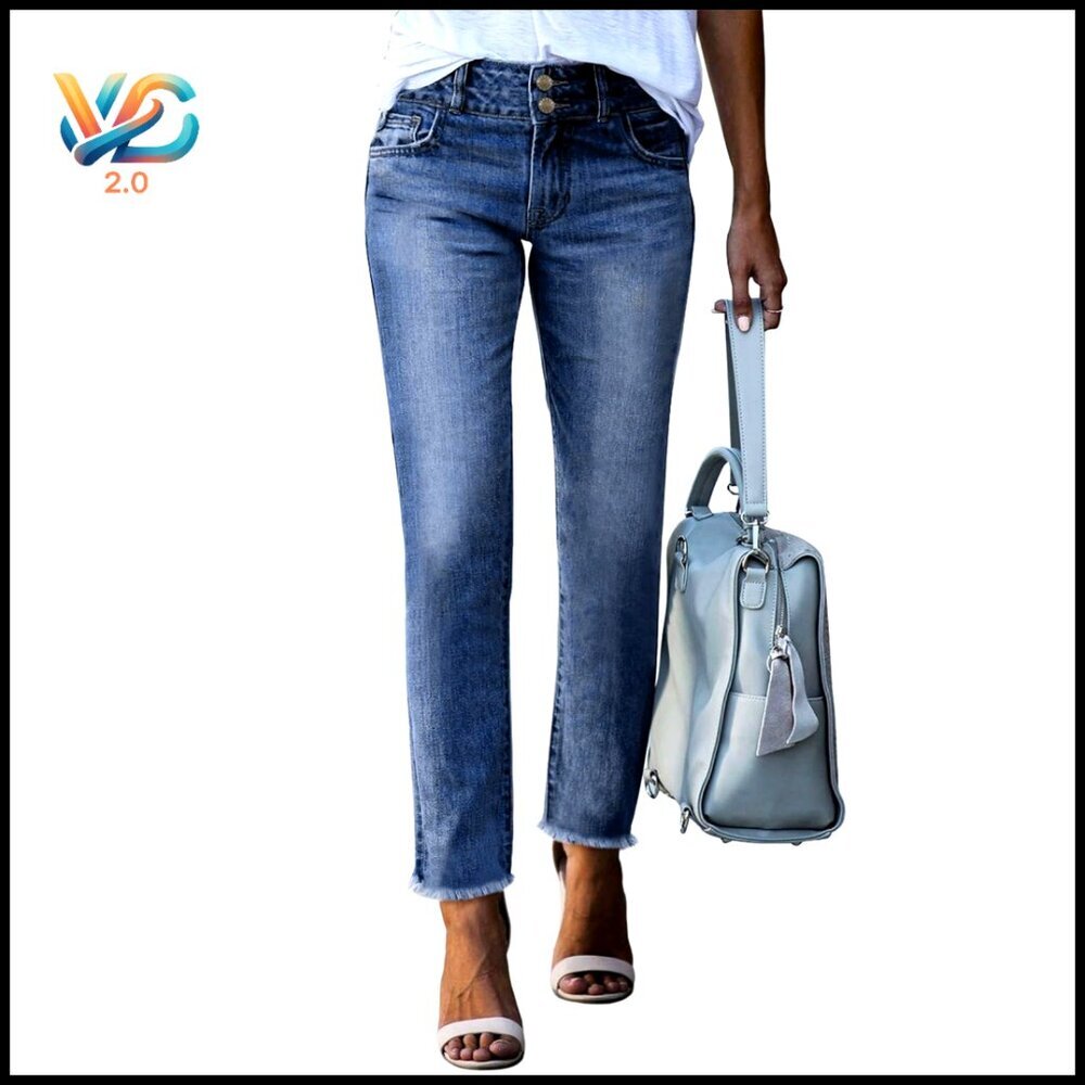 High Waisted Stretch Denim Jeans Raw Hem Straight Leg Ankle Pants